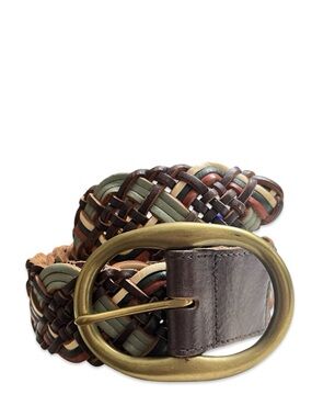 Woven Multicolor Leather Braided Belt with Solid Brass Oval Buckle